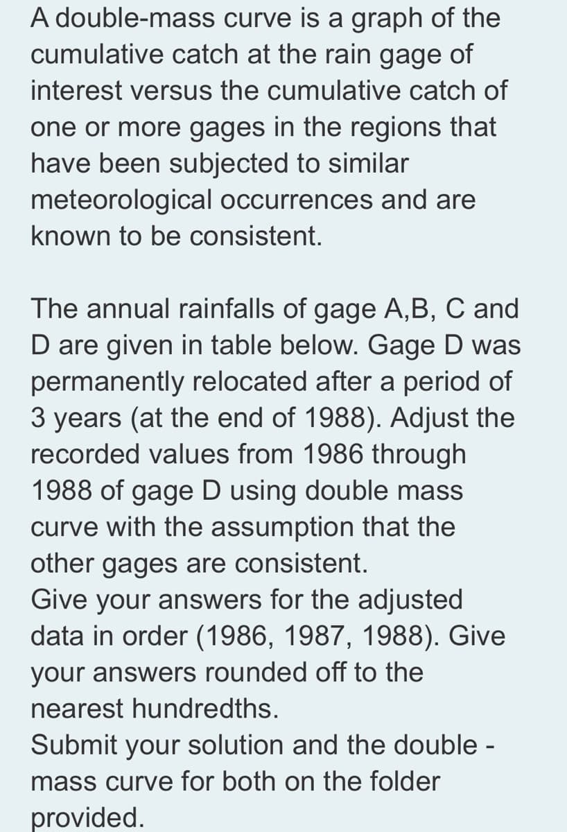 A double-mass curve is a graph of the
cumulative catch at the rain gage of
interest versus the cumulative catch of
one or more gages in the regions that
have been subjected to similar
meteorological occurrences and are
known to be consistent.
The annual rainfalls of gage A,B, C and
D are given in table below. Gage D was
permanently relocated after a period of
3 years (at the end of 1988). Adjust the
recorded values from 1986 through
1988 of gage D using double mass
curve with the assumption that the
other gages are consistent.
Give your answers for the adjusted
data in order (1986, 1987, 1988). Give
your answers rounded off to the
nearest hundredths.
Submit your solution and the double -
mass curve for both on the folder
provided.
