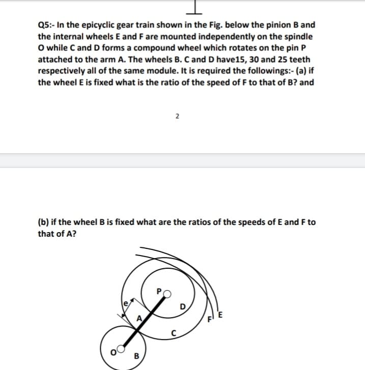 Q5:- In the epicyclic gear train shown in the Fig. below the pinion B and
the internal wheels E and F are mounted independently on the spindle
O while C and D forms a compound wheel which rotates on the pin P
attached to the arm A. The wheels B. C and D have15, 30 and 25 teeth
respectively all of the same module. It is required the followings:- (a) if
the wheel E is fixed what is the ratio of the speed of F to that of B? and
2
(b) if the wheel Bis fixed what are the ratios of the speeds of E and F to
that of A?
D
E
A
