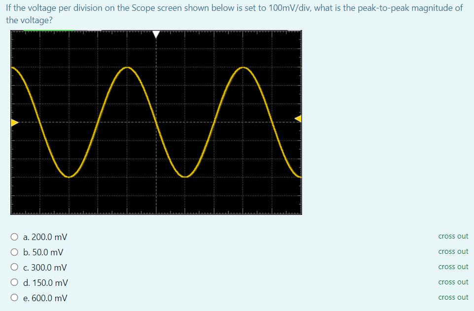 If the voltage per division on the Scope screen shown below is set to 100mV/div, what is the peak-to-peak magnitude of
the voltage?
O a. 200.0 mV
cross out
O b. 50.0 mV
cross out
O c. 300.0 mV
cross out
O d. 150.0 mV
cross out
O e. 600.0 mV
cross out
