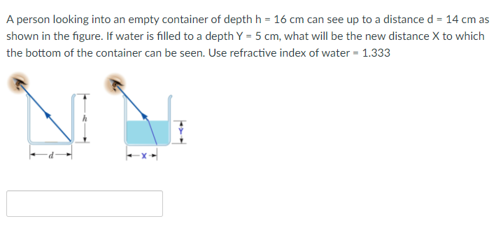 A person looking into an empty container of depth h = 16 cm can see up to a distance d = 14 cm as
shown in the figure. If water is filled to a depth Y = 5 cm, what will be the new distance X to which
the bottom of the container can be seen. Use refractive index of water = 1.333
