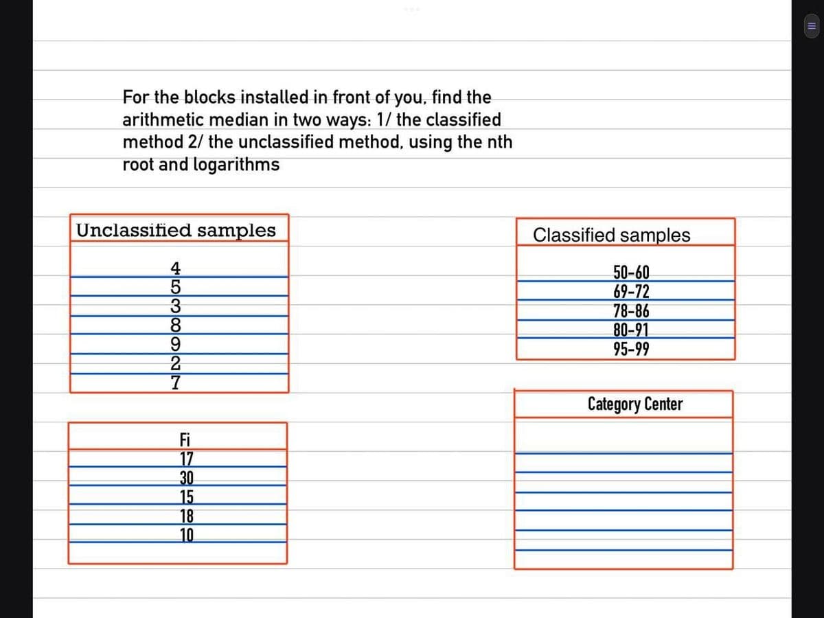 For the blocks installed in front of you, find the
arithmetic median in two ways: 1/ the classified
method 2/ the unclassified method, using the nth
root and logarithms
Unclassified samples
Classified samples
4
50-60
69-72
78-86
80-91
95-99
8.
9.
Category Center
Fi
17
30
15
18
10
