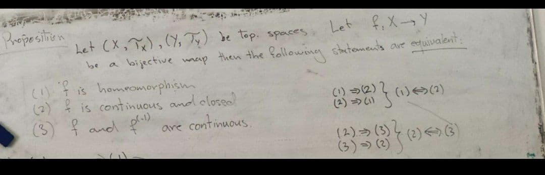 Propesition
Let f, X-> Y
het (X, Tx), (Y, Ty) be top. spaces
bijective wmap then the fallowing startoments are equivalent:
be
() t is homromorphism
(2) f is continuous and close
(3) f and priD
(1) (2)
(2) →い
(1)(2)
are continuous.
(2)3(3)
(3) ) (2)
(2)<3)
