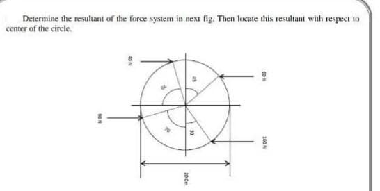 Determine the resultant of the force system in next fig. Then locate this resultant with respect to
center of the circle.
60N
100 N
45
30
20 Cm
