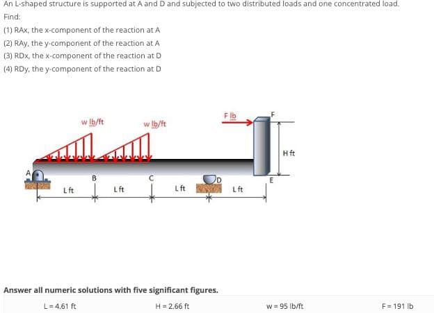 An L-shaped structure is supported at A and D and subjected to two distributed loads and one concentrated load.
Find:
(1) RAX, the x-component of the reaction at A
(2) RAy, the y-component of the reaction at A
(3) RDx, the x-component of the reaction at D
(4) RDy, the y-component of the reaction at D
Flb
w lb/ft
w lb/ft
Hft
Lft
Lft
Lft
Lft
Answer all numeric solutions with five significant figures.
H= 2.66 ft
w = 95 Ib/ft
F = 191 Ib
L= 4.61 ft
