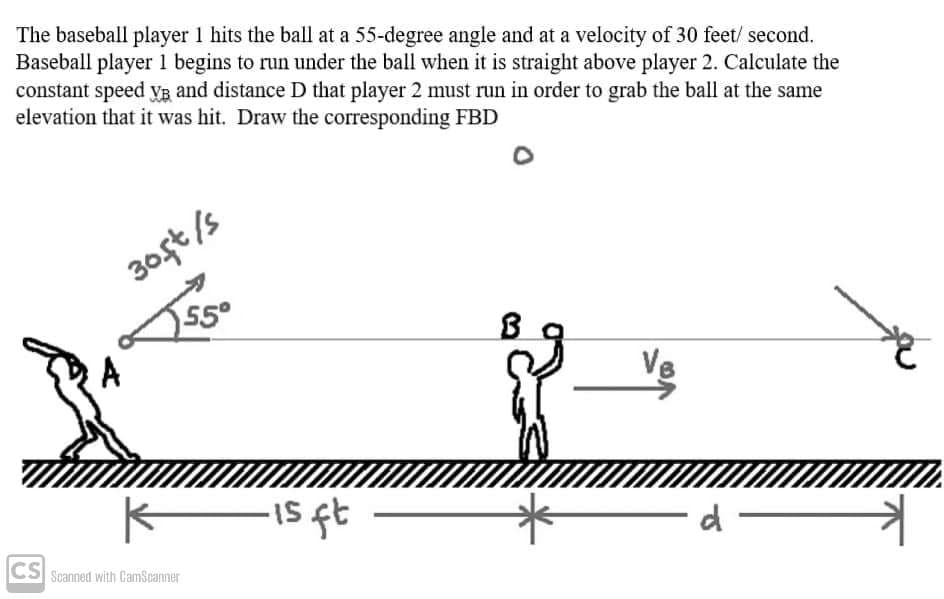 The baseball player 1 hits the ball at a 55-degree angle and at a velocity of 30 feet/ second.
Baseball player 1 begins to run under the ball when it is straight above player 2. Calculate the
constant speed VR and distance D that player 2 must run in order to grab the ball at the same
elevation that it was hit. Draw the corresponding FBD
30st/s
55°
Ve
d
CS
Scanned with GamScanner
