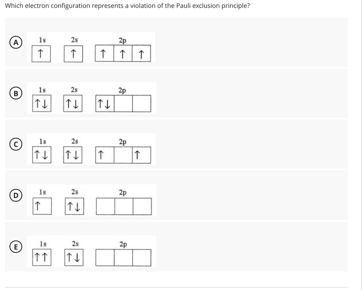 Which electron configuration represents a violation of the Pauli exclusion principle?
A
1s
2s
2p
1s
2s
2p
B
1s
2s
2p
(D
1s
2s
2p
E
1s
2s
2p
