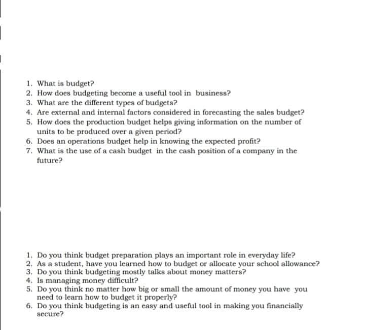 1. What is budget?
2. How does budgeting become a useful tool in business?
3. What are the different types of budgets?
4. Are external and internal factors considered in forecasting the sales budget?
5. How does the production budget helps giving information on the number of
units to be produced over a given period?
6. Does an operations budget help in knowing the expected profit?
7. What is the use of a cash budget in the cash position of a company in the
future?
1. Do you think budget preparation plays an important role in everyday life?
2. As a student, have you learned how to budget or allocate your school allowance?
3. Do you think budgeting mostly talks about money matters?
4. Is managing money difficult?
5. Do you think no matter how big or small the amount of money you have you
need to learn how to budget it properly?
6. Do you think budgeting is an easy and useful tool in making you financially
secure?
