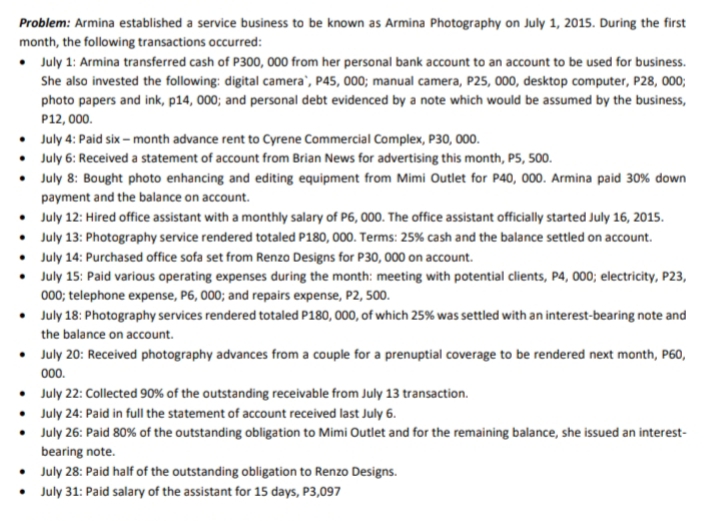 Problem: Armina established a service business to be known as Armina Photography on July 1, 2015. During the first
month, the following transactions occurred:
• July 1: Armina transferred cash of P300, 000 from her personal bank account to an account to be used for business.
She also invested the following: digital camera', P45, 000; manual camera, P25, 000, desktop computer, P28, 000;
photo papers and ink, p14, 000; and personal debt evidenced by a note which would be assumed by the business,
P12, 000.
• July 4: Paid six – month advance rent to Cyrene Commercial Complex, P30, 000.
• July 6: Received a statement of account from Brian News for advertising this month, P5, 500.
• July 8: Bought photo enhancing and editing equipment from Mimi Outlet for P40, 000. Armina paid 30% down
payment and the balance on account.
• July 12: Hired office assistant with a monthly salary of P6, 000. The office assistant officially started July 16, 2015.
• July 13: Photography service rendered totaled P180, 000. Terms: 25% cash and the balance settled on account.
• July 14: Purchased office sofa set from Renzo Designs for P30, 000 on account.
• July 15: Paid various operating expenses during the month: meeting with potential clients, P4, 000; electricity, P23,
000; telephone expense, P6, 000; and repairs expense, P2, 500.
• July 18: Photography services rendered totaled P180, 000, of which 25% was settled with an interest-bearing note and
the balance on account.
• July 20: Received photography advances from a couple for a prenuptial coverage to be rendered next month, P60,
00.
• July 22: Collected 90% of the outstanding receivable from July 13 transaction.
• July 24: Paid in full the statement of account received last July 6.
• July 26: Paid 80% of the outstanding obligation to Mimi Outlet and for the remaining balance, she issued an interest-
bearing note.
• July 28: Paid half of the outstanding obligation to Renzo Designs.
• July 31: Paid salary of the assistant for 15 days, P3,097
