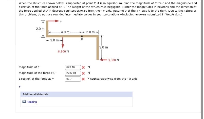 When the structure shown below is supported at point P, it is in equilibrium. Find the magnitude of force F and the magnitude and
direction of the force applied at P. The weight of the structure is negligible. (Enter the magnitudes in newtons and the direction of
the force applied at P in degrees counterclockwise from the +x-axis. Assume that the +x-axis is to the right. Due to the nature of
this problem, do not use rounded intermediate values in your calculations-including answers submitted in WebAssign.)
2.0 m
- 4.0 m -
+ 2.0 m
- 2.0 m -
3.0 m
6,900 N
3,500 N
magnitude of F
643.16
X N
magnitude of the force at P
2232.04
x N
x °counterclockwise from the +x-axis
direction of the force at P
99.7
Additional Materials
Reading
