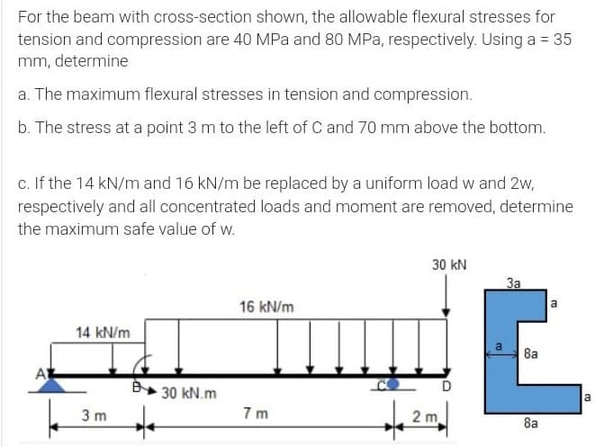 For the beam with cross-section shown, the allowable flexural stresses for
tension and compression are 40 MPa and 80 MPa, respectively. Using a = 35
mm, determine
a. The maximum flexural stresses in tension and compression.
b. The stress at a point 3 m to the left of C and 70 mm above the bottom.
c. If the 14 kN/m and 16 kN/m be replaced by a uniform load w and 2w,
respectively and all concentrated loads and moment are removed, determine
the maximum safe value of w.
30 kN
За
16 kN/m
a
14 kN/m
8a
A
B 30 kN.m
7 m
3 m
2 m.
8a
