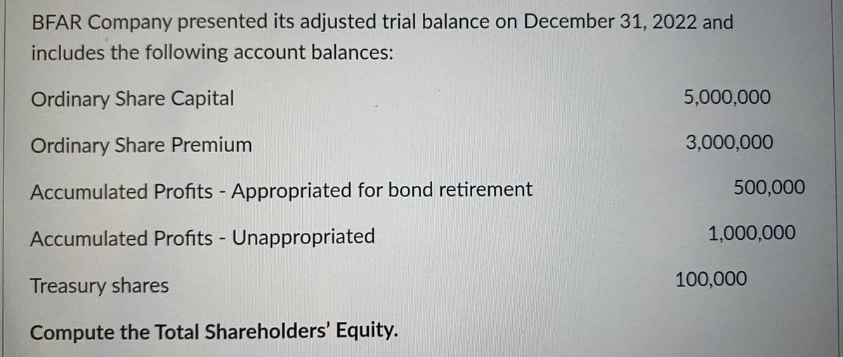 BFAR Company presented its adjusted trial balance on December 31, 2022 and
includes the following account balances:
Ordinary Share Capital
Ordinary Share Premium
Accumulated Profits - Appropriated for bond retirement
Accumulated Profits - Unappropriated
Treasury shares
Compute the Total Shareholders' Equity.
5,000,000
3,000,000
500,000
1,000,000
100,000