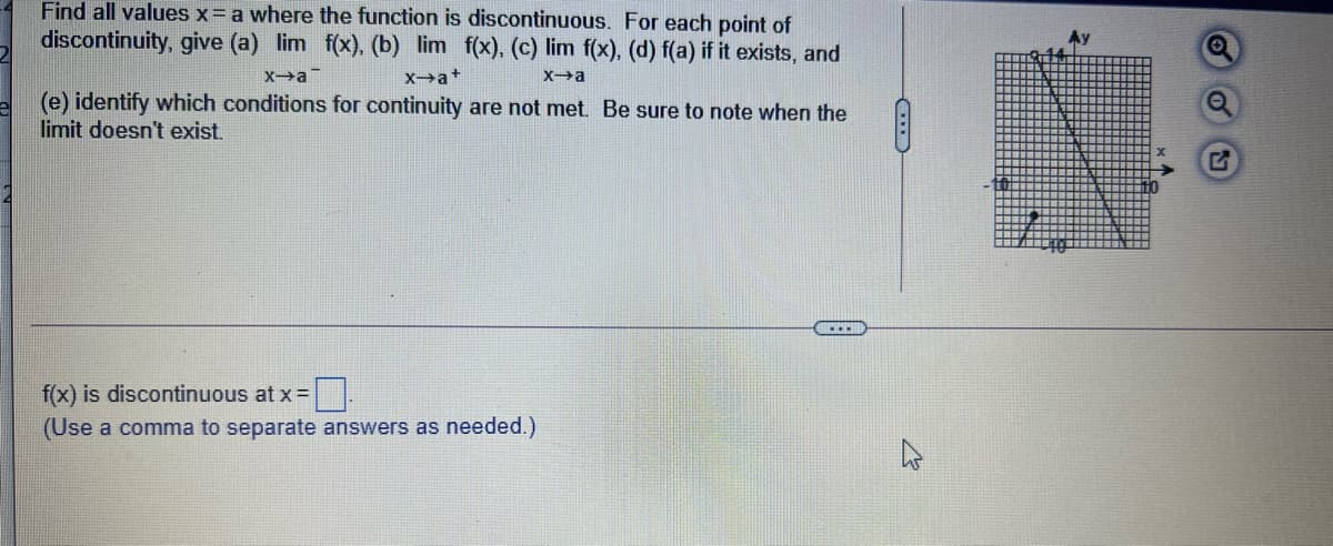 Find all values x= a where the function is discontinuous. For each point of
discontinuity, give (a) lim f(x), (b) lim f(x), (c) lim f(x), (d) f(a) if it exists, and
xa
xa+
Xa
(e) identify which conditions for continuity are not met. Be sure to note when the
limit doesn't exist.
f(x) is discontinuous at x =
(Use a comma to separate answers as needed.)
