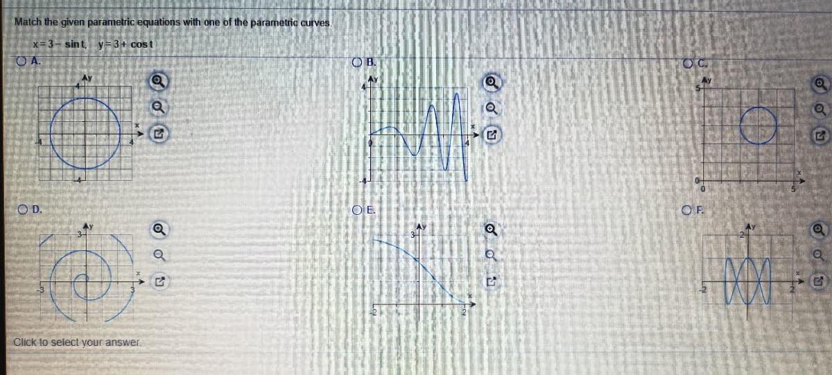 Match the given parametric equations with one of the parametric curves
x=3- sint,
y=3+ cost
O A.
OB.
OC.
OD.
OF.
Click to select your answer.
