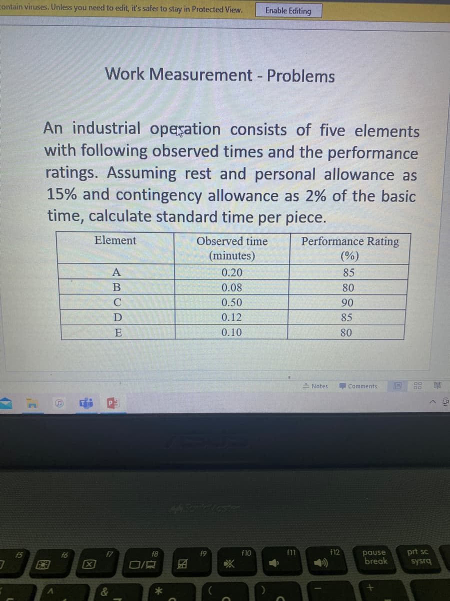 contain viruses. Unless you need to edit, it's safer to stay in Protected View.
Enable Editing
Work Measurement Problems
An industrial operation consists of five elements
with following observed times and the performance
ratings. Assuming rest and personal allowance as
15% and contingency allowance as 2% of the basic
time, calculate standard time per piece.
Element
Performance Rating
(%)
Observed time
(minutes)
0.20
85
B
0.08
80
0.50
90
D
0.12
85
E
0.10
80
= Notes
Comments
44 Soriovaster
f12
prt sc
sysrq
f10
f11
pause
break
f5
f6
f7
f8
f9
田
因
图
