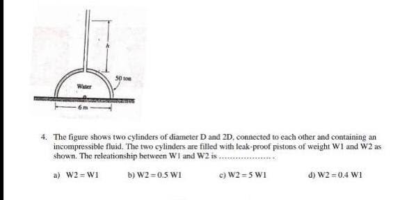 50 ton
Water
4. The figure shows two cylinders of diameter D and 2D, connected to each other and containing an
incompressible fluid. The two cylinders are filled with leak-proof pistons of weight W1 and W2 as
shown. The releationship between W1 and W2 is.
a) W2 W1
b) W2 = 0.5 WI
c) W2 = 5 W1
d) W2 = 0.4 W1
