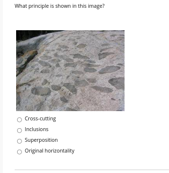 What principle is shown in this image?
Cross-cutting
O Inclusions
O Superposition
O Original horizontality
