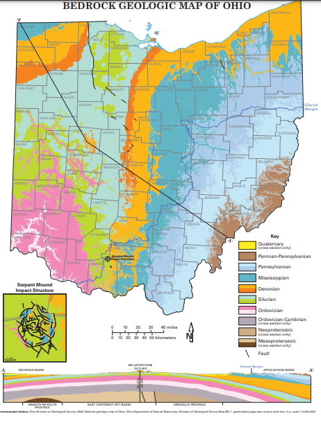 BEDROCK GEOLOGIC MAP OF OHIO
wood
aUMBU
DERANC
LORAIN
HURON
SINECA
HANCO
WAN WRT
GAWFORD
OLLANDA AND nE
ALLEN
COLU A
HARDIN
Glacial
Mnota
Margia
CARROLL
AIGLAUE
TUSCARAWA
UNON
HARRSON
MADISON
BANGLIN
PRELE
NOLE
GENE
MORGAN
FAYET
CINTON
HOLAND
Key
Quaternary
laros ction any
Permian-Pennaylvanian
OALLIA
Pennsylvanian
Mississippian
Serpent Mound
Impact Structure
Devonian
Silurian
Ordovician
Ordovician-Cambrian
laros action any
20
30
40 miles
Neoproteroaoie
laron action anly
O 10 20 30 40 50 kilametera
Mesoproterazoie
Jaro ction anly
Fault
BELLEFONTA
au
A
MICSAN BAN
APLACHAN RaN
A
GRANITE RYOU
LAST CONTINENT RPT AN
NMLLEROVINCE
Cealg uy
