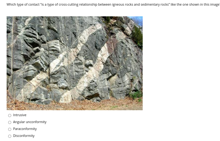 Which type of contact "is a type of cross-cutting relationship between igneous rocks and sedimentary rocks" like the one shown in this image
Intrusive
Angular unconformity
Paraconformity
Disconformity
