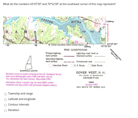 What do the numbers 43°07'30" and 70°5230" at the southeast corner of this map represent?
OYSTER
RIVER
4 N
Tidat
Flats
H
43*07'30"
INTEROGEOLOGC SU, RTON, VNA
b230יסר
55
ROAD CLASSIFICATION
are SE
Primary highway.
hard surface
Light duty road, hard or
improved surlace
Secondary highway,
hard surface
Unimproved road
Interstate Route
U.S Route
State Route
QUADRANGLE LOCATION
DOVER WEST, N. H.
Revisions shown in purple compiled by the US. Geolagcal Survey
from aerial photographs taken 1990 and other sources
Ths nformaton not field checked Map edited 1993
Nw DOVER IS QUADRANGLE
43070-88-TF-024
1956
Infermation shoan mn purple may not meet USGS content
standards and may confict with previdusly mapped contours
REVISED 1993
DMA 68n0 I NW-SERIES VBI2
Township and range
Latitude and longitude
Contour intervals
O Elevation
PORTSMOUTHI
