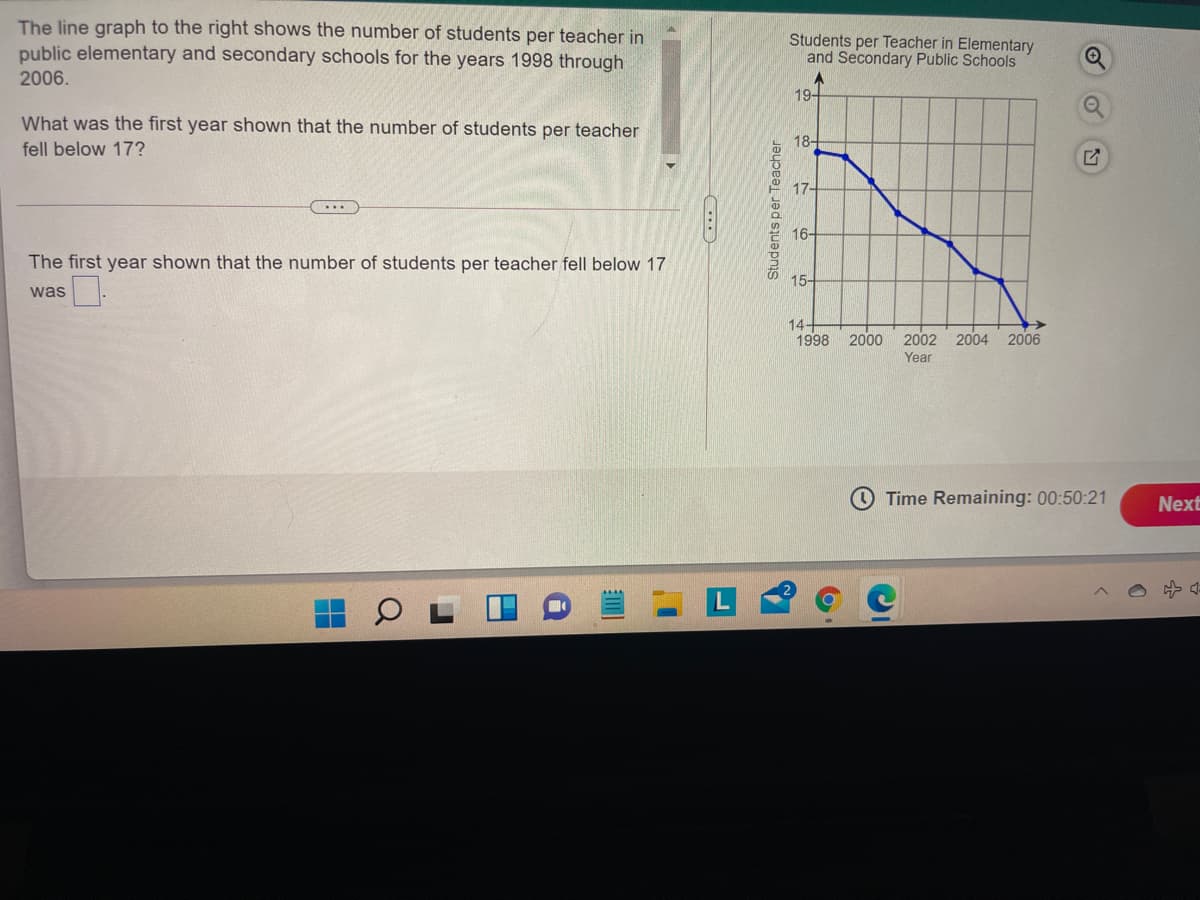 The line graph to the right shows the number of students per teacher in
public elementary and secondary schools for the years 1998 through
Students per Teacher in Elementary
and Secondary Public Schools
2006.
19-
What was the first year shown that the number of students per teacher
18-
fell below 17?
17-
...
16-
The first year shown that the number of students per teacher fell below 17
15-
was
14-
1998
2000
2002 2004 2006
Year
Time Remaining: 00:50:21
Next
円
Students per Teacher
