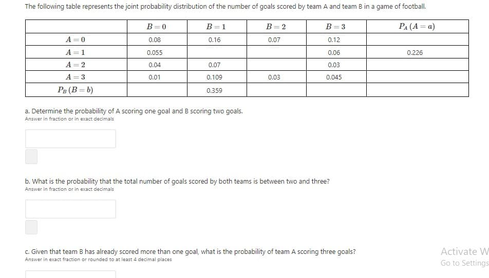 The following table represents the joint probability distribution of the number of goals scored by team A and team B in a game of football.
B=0
В -1
B=2
B = 3
РА (А — а)
A = 0
0.08
0.16
0.07
0.12
A = 1
0.055
0.06
0.226
A = 2
0.04
0.07
0.03
A = 3
0.01
0.109
0.03
0.045
PB (B = b)
0.359
a. Determine the probability of A scoring one goal and B scoring two goals.
Answer in fraction or in exact decimals
b. What is the probability that the total number of goals scored by both teams is between two and three?
Answer in fraction or in exact decimals
c. Given that team B has already scored more than one goal, what is the probability of team A scoring three goals?
Activate W
Answer in exact fraction or rounded to at least 4 decimal places
Go to Settings
