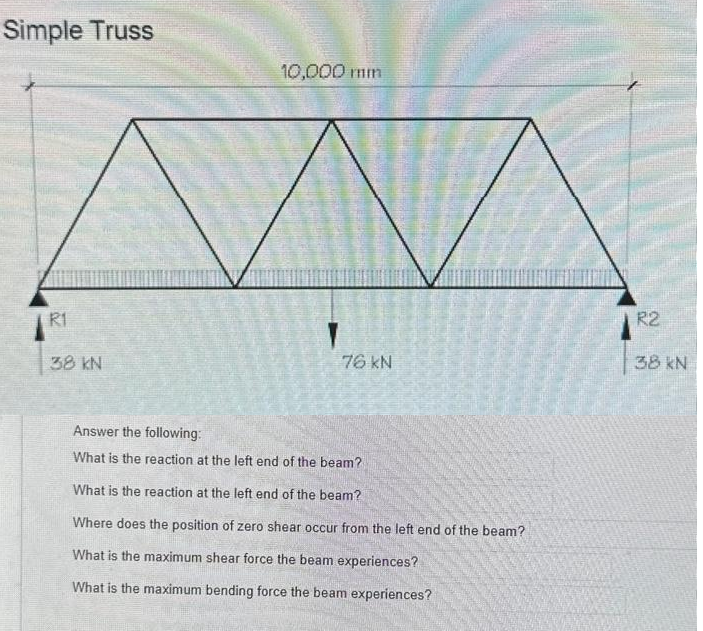 Simple Truss
R1
38 KN
10,000 mm
T
76 kN
Answer the following:
What is the reaction at the left end of the beam?
What is the reaction at the left end of the beam?
Where does the position of zero shear occur from the left end of the beam?
What is the maximum shear force the beam experiences?
What is the maximum bending force the beam experiences?
R2
38 kN