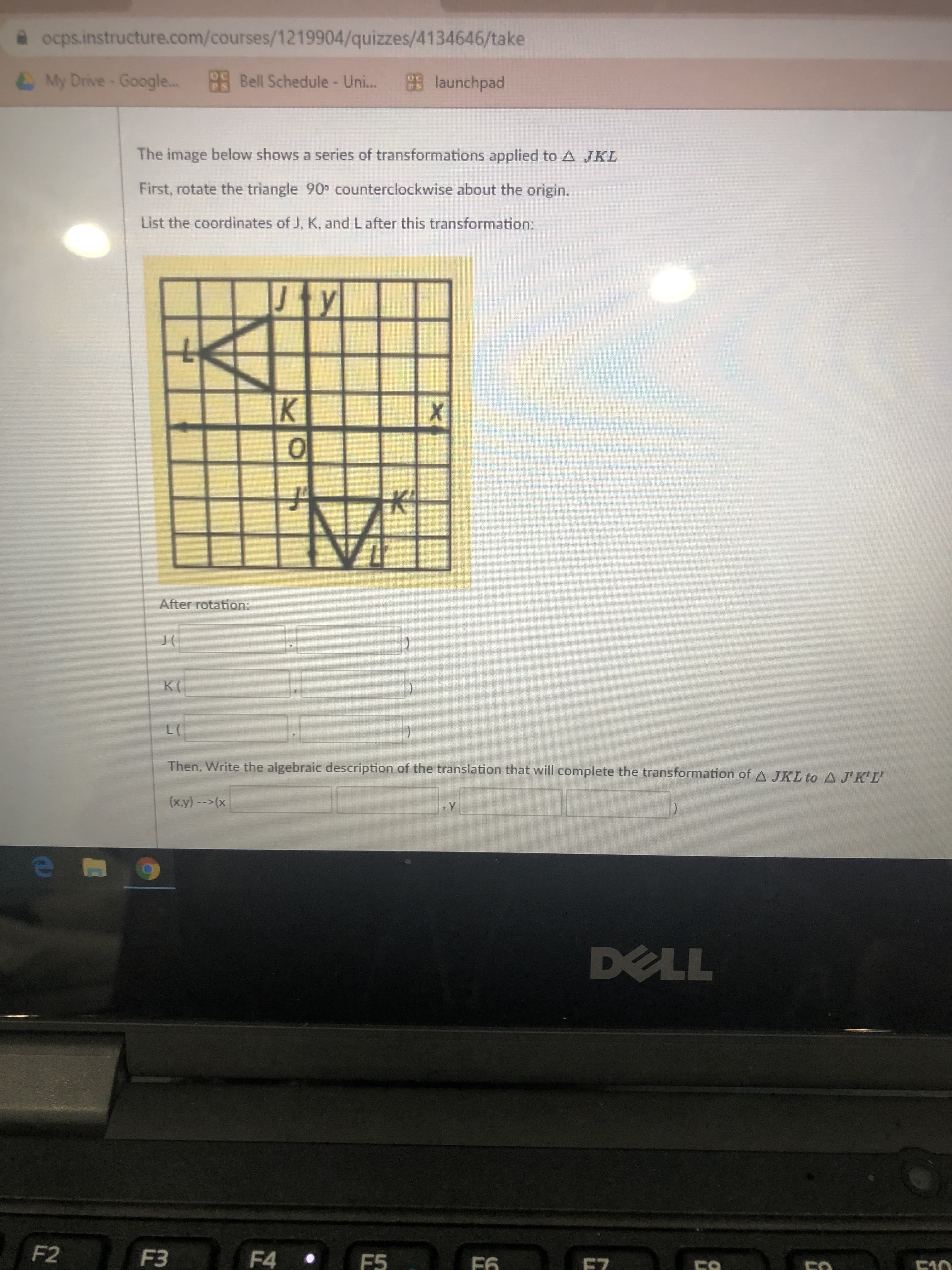 The image below shows a series of transformations applied to A JKL
First, rotate the triangle 90 counterclockwise about the origin.
List the coordinates of J, K, and Lafter this transformation:
