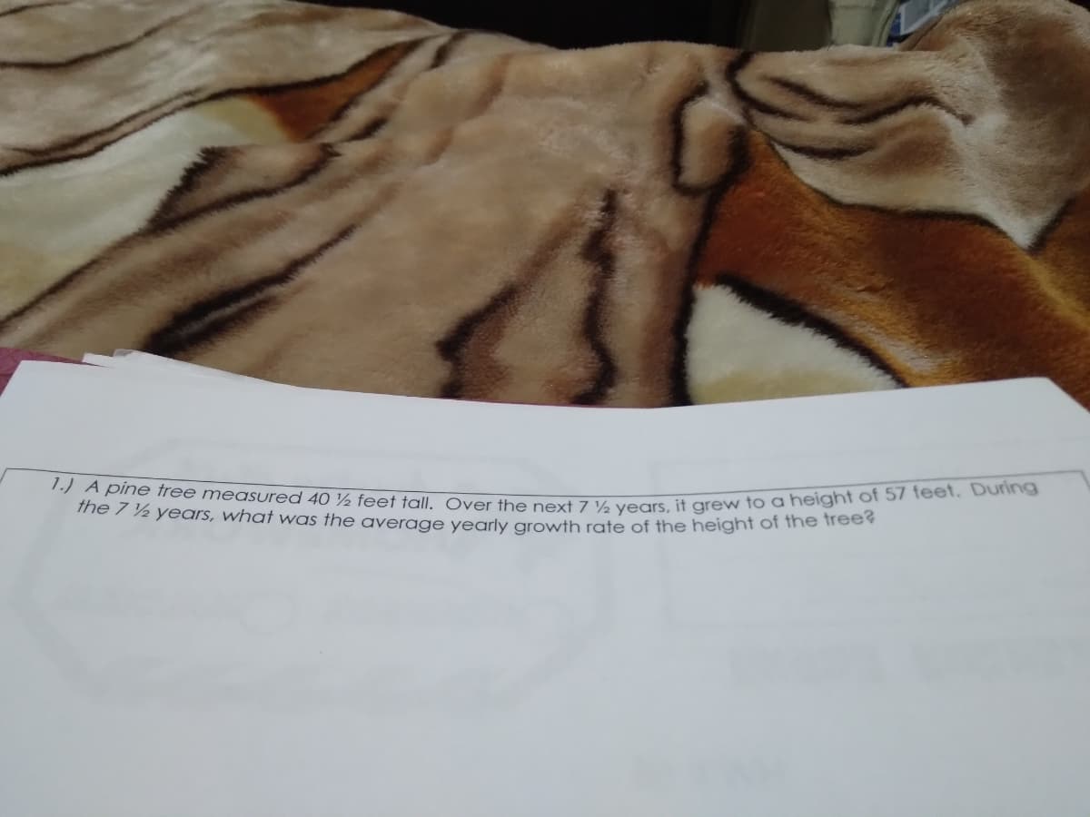 1.) A pine tree measured 40 ½ feet tall. Over the next 7 ½ years, it grew to a height of 57 feet, During
ihe / ½ years, what was the average vearly arowth rate of the heighnt of the hes
