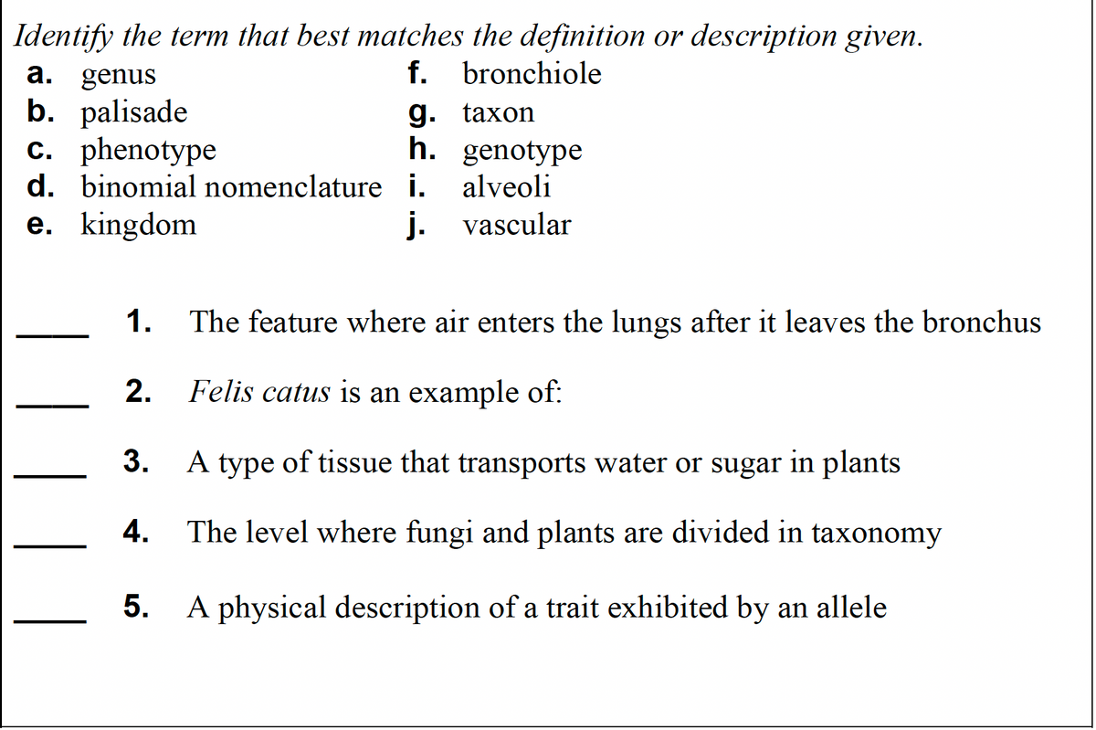 Identify the term that best matches the definition or description given.
a. genus
b. palisade
c. phenotype
d. binomial nomenclature i.
f. bronchiole
д. taxon
h. genotype
e. kingdom
j. vascular
1.
The feature where air enters the lungs after it leaves the bronchus
2.
Felis catus is an example of:
3.
A type of tissue that transports water or sugar in plants
4.
The level where fungi and plants are divided in taxonomy
A physical description of a trait exhibited by an allele
5.
