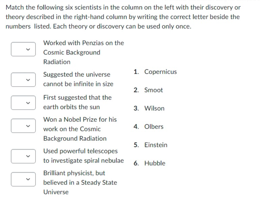 Match the following six scientists in the column on the left with their discovery or
theory described in the right-hand column by writing the correct letter beside the
numbers listed. Each theory or discovery can be used only once.
¡¡
Worked with Penzias on the
Cosmic Background
Radiation
Suggested the universe
cannot be infinite in size
First suggested that the
earth orbits the sun
Won a Nobel Prize for his
work on the Cosmic
Background Radiation
Used powerful telescopes
to investigate spiral nebulae
Brilliant physicist, but
believed in a Steady State
Universe
1. Copernicus
2. Smoot
3. Wilson
4. Olbers
5. Einstein
6. Hubble