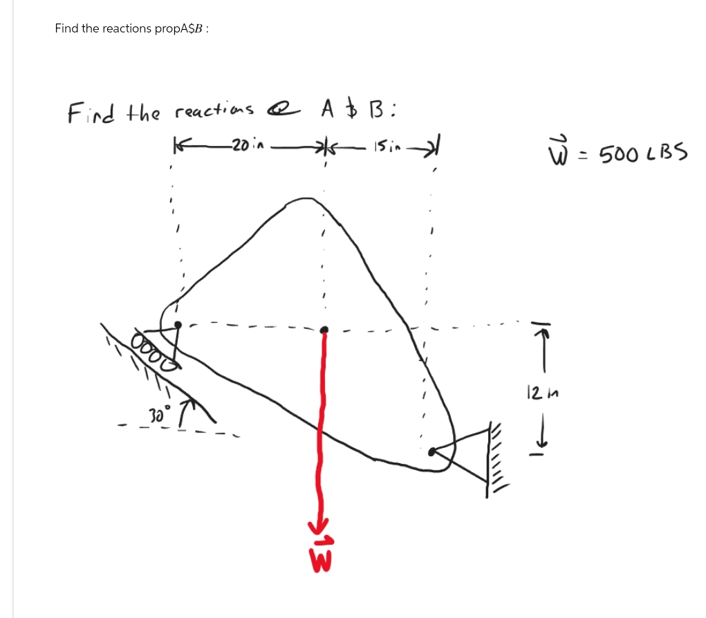 Find the reactions propA$B:
Find the reactions @ A & B :
K -20 in
*5
15in
13
= 500 LBS
13
12
"