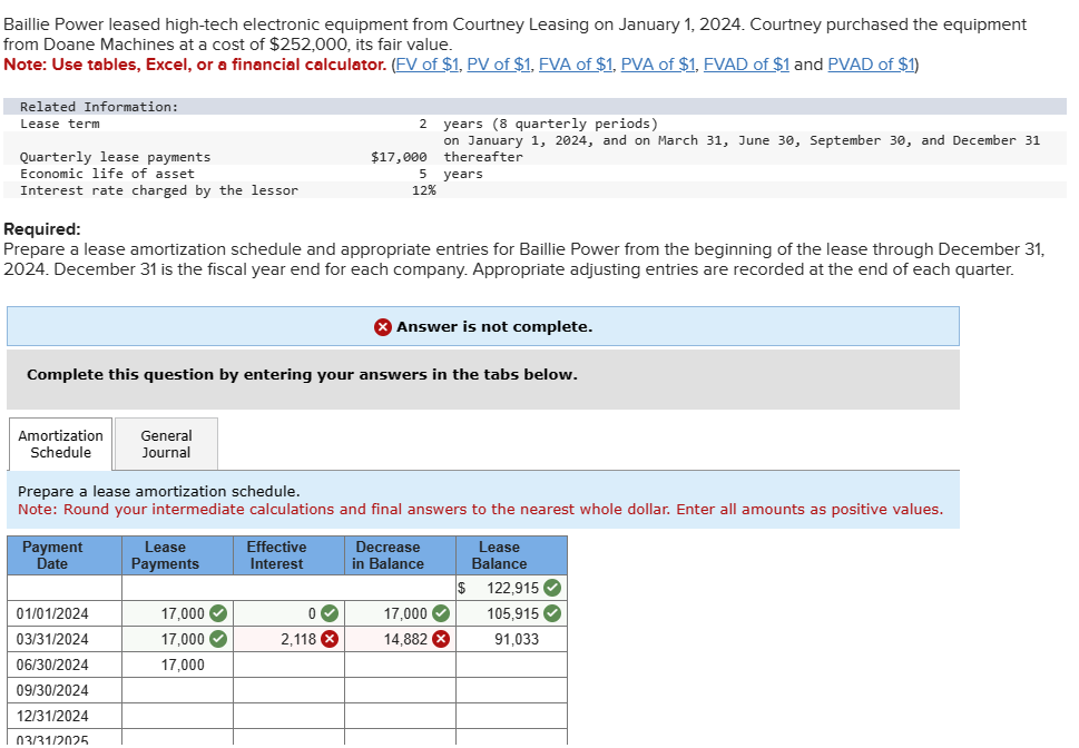Baillie Power leased high-tech electronic equipment from Courtney Leasing on January 1, 2024. Courtney purchased the equipment
from Doane Machines at a cost of $252,000, its fair value.
Note: Use tables, Excel, or a financial calculator. (FV of $1, PV of $1, FVA of $1, PVA of $1, FVAD of $1 and PVAD of $1)
Related Information:
Lease term
Quarterly lease payments
Economic life of asset
Interest rate charged by the lessor
Amortization
Schedule
Required:
Prepare a lease amortization schedule and appropriate entries for Baillie Power from the beginning of the lease through December 31,
2024. December 31 is the fiscal year end for each company. Appropriate adjusting entries are recorded at the end of each quarter.
Payment
Date
General
Journal
01/01/2024
03/31/2024
06/30/2024
09/30/2024
12/31/2024
03/31/2025
Complete this question by entering your answers in the tabs below.
Lease
Payments
2
17,000✔
17,000 ✓
17,000
$17,000
Prepare a lease amortization schedule.
Note: Round your intermediate calculations and final answers to the nearest whole dollar. Enter all amounts as positive values.
Effective
Interest
5
12%
0✔
2,118 x
years (8 quarterly periods)
on January 1, 2024, and on March 31, June 30, September 30, and December 31
thereafter
years
Answer is not complete.
Decrease
in Balance
17,000✔
14,882 x
Lease
Balance
$ 122,915 ✔
105,915✔
91,033