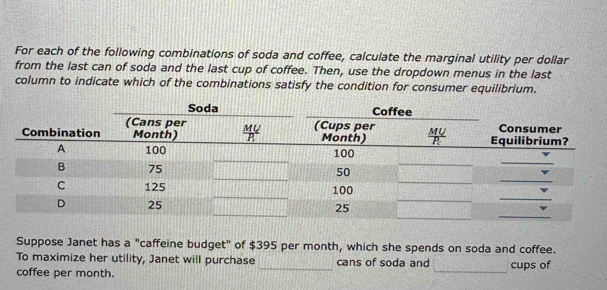 For each of the following combinations of soda and coffee, calculate the marginal utility per dollar
from the last can of soda and the last cup of coffee. Then, use the dropdown menus in the last
column to indicate which of the combinations satisfy the condition for consumer equilibrium.
Coffee
Combination
A
B
C
D
(Cans per
Month)
100
75
125
25
Soda
MU
(Cups per
Month)
100
50
100
25
da
MU
Consumer
Equilibrium?
Suppose Janet has a "caffeine budget" of $395 per month, which she spends on soda and coffee.
To maximize her utility, Janet will purchase
cans of soda and
coffee per month.
cups of