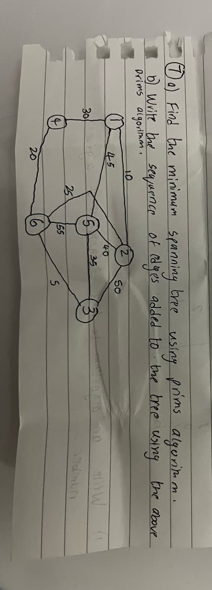 a) Find the minimum spanning tree using prims algorithm.
b) Write the sequence of edges added to the bree using
the above
.
Prims algorimm.
50
O
45
40
www
5
30
20
25
55
35
5
d