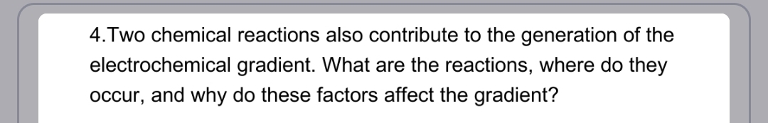 4.Two chemical reactions also contribute to the generation of the
gradient. What are the reactions, where do they
occur, and why do these factors affect the gradient?
electrochemical