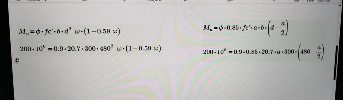 M₁ = o.fc².b.d² w. (1-0.59 w)
200-106 = 0.9.20.7.300.480² w (1-0.59 w)
#
·a·b· (α-=-)
M₁=0.0.85.fc'.a.b.
Voice
Editor Reuse Files
(480-2)
200 106 = 0.9.0.85-20.7.a.300-480-