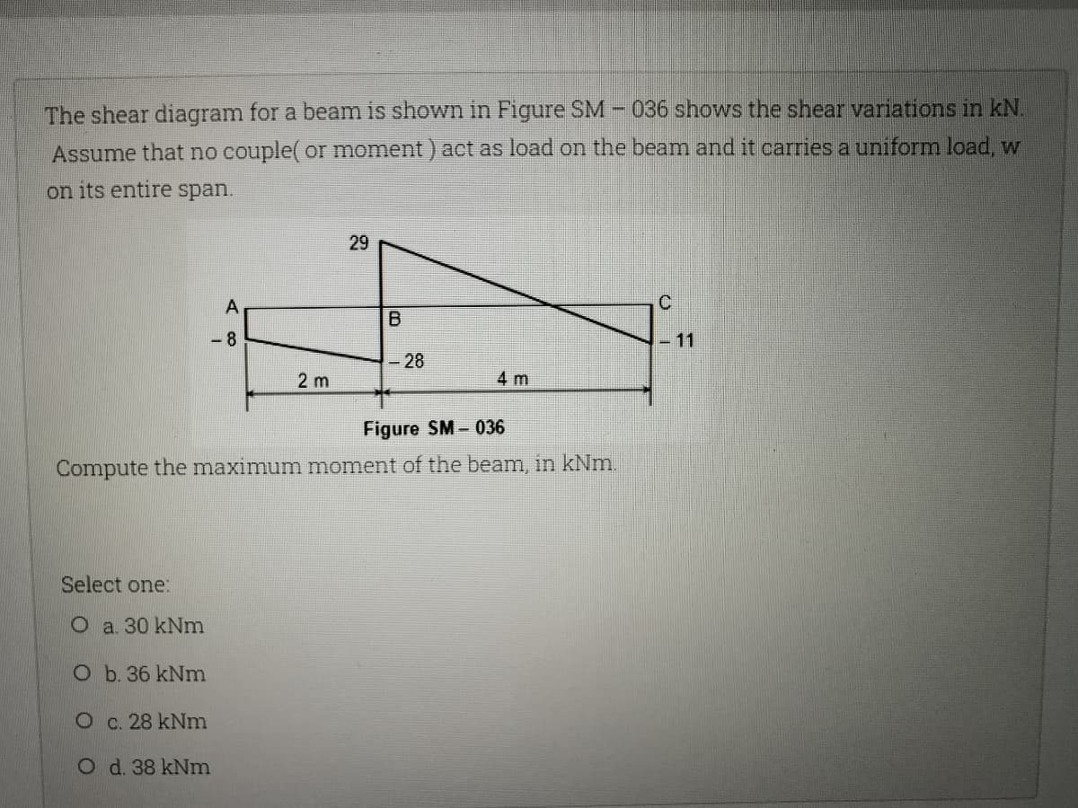 The shear diagram for a beam is shown in Figure SM - 036 shows the shear variations in kN.
Assume that no couple( or moment) act as load on the beam and it carries a uniform load, w
on its entire span.
29
C
A
B
-8
- 11
- 28
2 m
4 m
Figure SM-036
Compute the maximum moment of the beam, in kNm.
Select one:
O a. 30 kNm
O b. 36 kNm
O c. 28 kNm
O d. 38 kNm