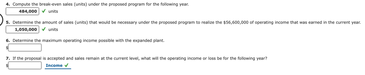 4. Compute the break-even sales (units) under the proposed program for the following year.
484,000
units
5. Determine the amount of sales (units) that would be necessary under the proposed program to realize the $56,600,000 of operating income that was earned in the current year.
1,050,000 v units
6. Determine the maximum operating income possible with the expanded plant.
$4
7. If the proposal is accepted and sales remain at the current level, what will the operating income or loss be for the following year?
Income
