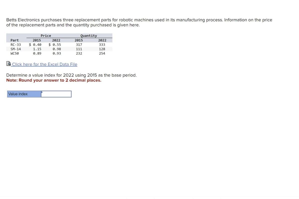 Betts Electronics purchases three replacement parts for robotic machines used in its manufacturing process. Information on the price
of the replacement parts and the quantity purchased is given here.
Price
Quantity
Part
RC-33
SM-14
2015
$ 0.40
2022
2015
2022
$ 0.55
317
333
1.15
0.98
111
128
WC50
0.89
0.93
232
254
Click here for the Excel Data File
Determine a value index for 2022 using 2015 as the base period.
Note: Round your answer to 2 decimal places.
Value index