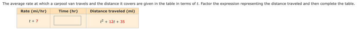 The average rate at which a carpool van travels and the distance it covers are given in the table in terms of t. Factor the expression representing the distance traveled and then complete the table.
Rate (mi/hr)
Time (hr)
Distance traveled (mi)
t + 7
t2 + 12t + 35
