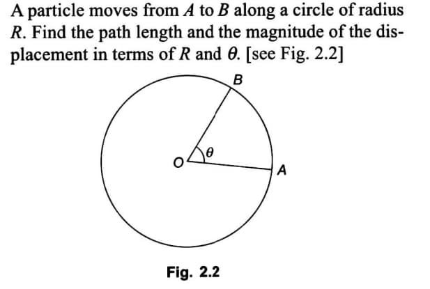 A particle moves from A to B along a circle of radius
R. Find the path length and the magnitude of the dis-
placement in terms of R and 0. [see Fig. 2.2]
B
A
Fig. 2.2
