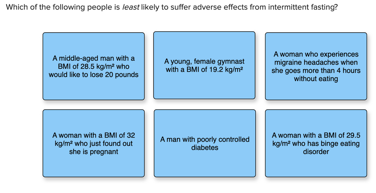 Which of the following people is least likely to suffer adverse effects from intermittent fasting?
A middle-aged man with a
BMI of 28.5 kg/m² who
would like to lose 20 pounds
A woman with a BMI of 32
kg/m² who just found out
she is pregnant
A young, female gymnast
with a BMI of 19.2 kg/m²
A man with poorly controlled
diabetes
A woman who experiences
migraine headaches when
she goes more than 4 hours
without eating
A woman with a BMI of 29.5
kg/m² who has binge eating
disorder