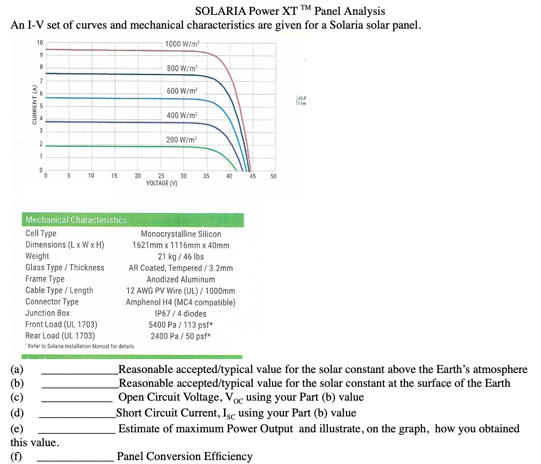 SOLARIA Power XT ™
Panel Analysis
An I-V set of curves and mechanical characteristics are given for a Solaria solar panel.
10
1000 W/m?
9
8
800 W/m?
7
600 W/m2
6
43.9
11161
400 W/m2
4
3
200 W/m?
2
1
10
15
20
25
30
35
40
45
50
VOLTAGE (V)
Mechanical Characteristics
Cell Type
Dimensions (L x W x H)
Weight
Glass Type / Thickness
Frame Type
Cable Type / Length
Connector Type
Monocrystalline Silicon
1621mm x 1116mm x 40mm
21 kg / 46 Ibs
AR Coated, Tempered / 3.2mm
Anodized Aluminum
12 AWG PV Wire (UL) / 1000mm
Amphenol H4 (MC4 compatible)
Junction Box
IP67 / 4 diodes
Front Load (UL 1703)
Rear Load (UL 1703)
5400 Pa / 113 psf*
2400 Pa / 50 psf*
*Refer to Solaria Installation Manual for details
Reasonable accepted/typical value for the solar constant above the Earth's atmosphere
Reasonable accepted/typical value for the solar constant at the surface of the Earth
Open Circuit Voltage, Voc using your Part (b) value
Short Circuit Current, Isc using your Part (b) value
Estimate of maximum Power Output and illustrate, on the graph, how you obtained
(а)
(b)
this value.
(f)
Panel Conversion Efficiency
