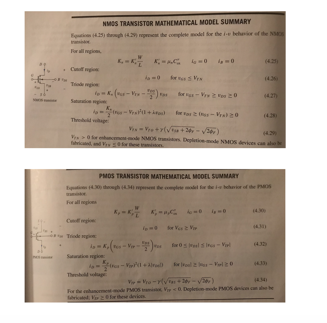 NMOS TRANSISTOR MATHEMATICAL MODEL SUMMARY
Equations (4.25) through (4.29) represent the complete model for the i-v behavior of the NMOS
transistor.
For all regions,
W
K, = K, I
K = 4,Cx
iG =0
ig =0
(4.25)
Cutoff region:
+
G
ip = 0
for vGS < VTN
(4.26)
-OB UDS
Triode region:
UGS
VDS
ip = K, (vGS - VTN -
for vGs – VTN 2 Ups 20
UpS
(4.27)
NMOS transistor
Saturation region:
Km
(VGs - VTN) (1+ivps)
ip =
2
for vps 2 (VGS – VTN) 2 0
(4.28)
Threshold voltage:
VTN = VTo + Y (VUSB + 2¢F
VIN > 0 for enhancement-mode NMOS transistors. Depletion-mode NMOS devices can also be
20F
(4.29)
fabricated, and VTN 0 for these transistors.
PMOS TRANSISTOR MATHEMATICAL MODEL SUMMARY
Equations (4.30) through (4.34) represent the complete model for the i-v behavior of the PMOS
transistor.
For all regions
W
(4.30)
K, = K'
L
K, = 4,C
ig = 0
ig = 0
Cutoff region:
ip = 0
for VGs 2 VTP
(4.31)
UBS
OB Ups Triode region:
ip = K, VGS-VTP-
VDS
Ups
2
for 0 < |vpsl < |VGS - VTP
(4.32)
PMOS transistor
Saturation region:
Kp
in =
(VGs - VTP) (1 + Alvosl)
for |Ups] 2 |VGS – VTP 20
(4.33)
Threshold voltage:
VTP = VTO -v (VUBS +20F - V 20F)
(4.34)
For the enhancement-mode PMOS transistor, Vtp < 0. Depletion-mode PMOS devices can also be
fabricated; VTp > 0 for these devices.
