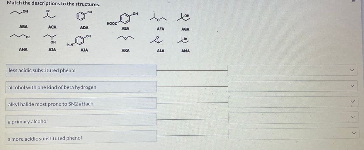 Match the descriptions to the structures.
~OH
i
ABA
Br
AHA
ACA
स्
OH
ATA
a primary alcohol
H₂N
less acidic substituted phenol
OH
ADA
OH
AJA
alcohol with one kind of beta hydrogen
alkyl halide most prone to SN2 attack
a more acidic substituted phenol
HOOC
AEA
AKA
OH
ton
AFA
ซึ่ง
ALA
LOH
AGA
ter
AMA
>
>
>
<