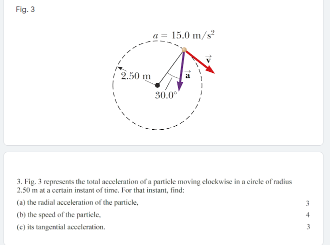 Fig. 3
a = ²
15.0 m/s
i 2.50 m
30.0°
3. Fig. 3 represents the total acceleration of a particle moving clockwise in a cirele of radius
2.50 m at a certain instant of time. For that instant, find:
(a) the radial acceleration of the particle,
(b) the speed of the particle,
(c) its tangential acceleration.
