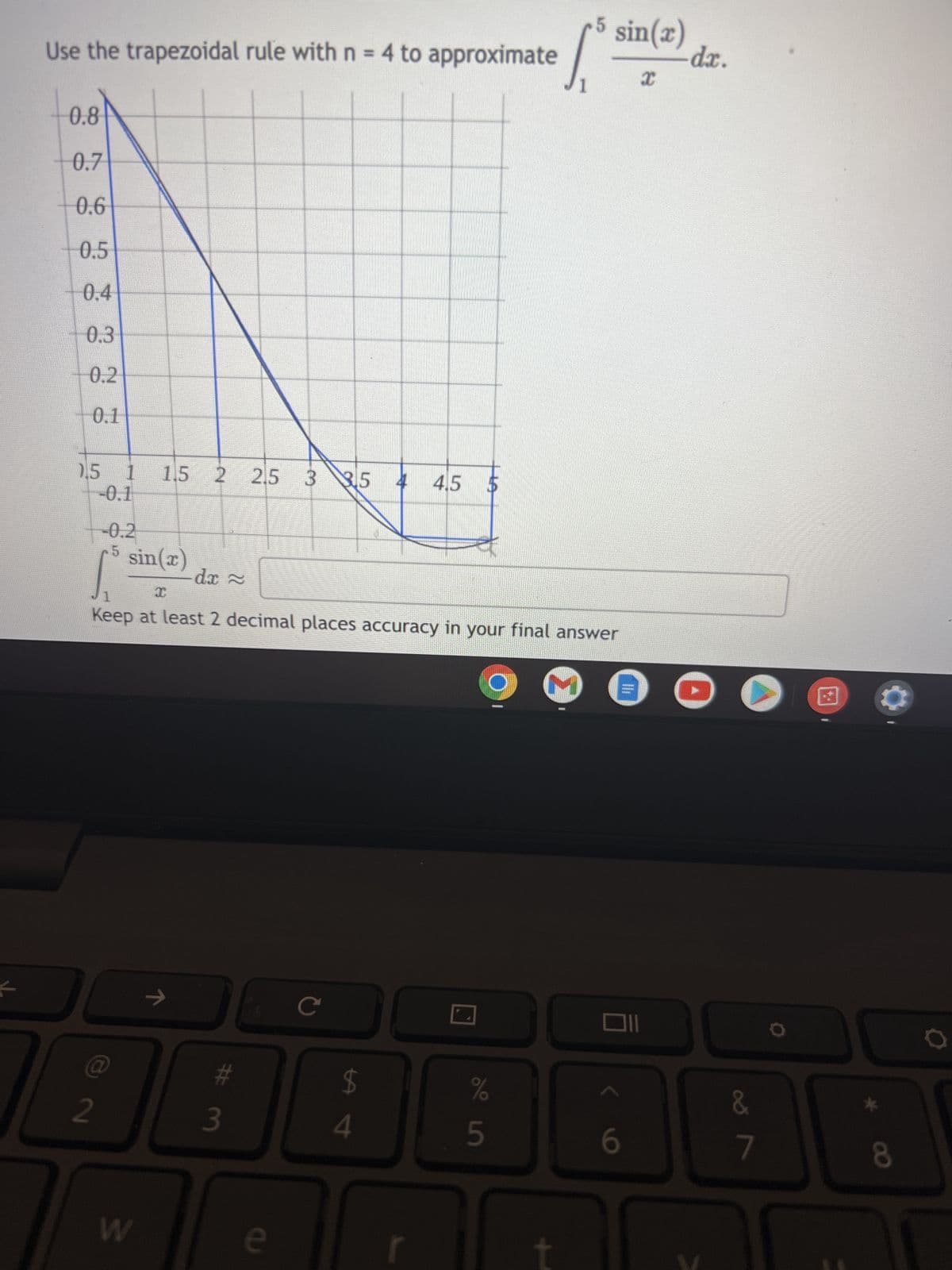 0.7
0.6
0.5
Use the trapezoidal rule with n = 4 to approximate
S
0.8
0.1
0.5 1 1.5
2 2.5 3 3.5 4 4.5
-0.1
-0.2
5 sin(x)
1.² SIT
dx ~
x
Keep at least 2 decimal places accuracy in your final answer
→
с
%
5
0.4
0,3
0.2
@
2
W
# 3
e
sin(x)
x
$
4
6
dx.
&
7
8