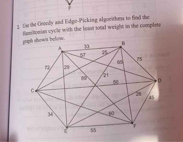 2. Use the Greedy and Edge-Picking algorithms to find the
Hamiltonian cycle with the least total weight in the complete
graph shown below.
A
33
57
25
65
75
72
29
89
21
X 50
sulev foo g sdh isbor
26
45
Lango he
34
60
F
55
