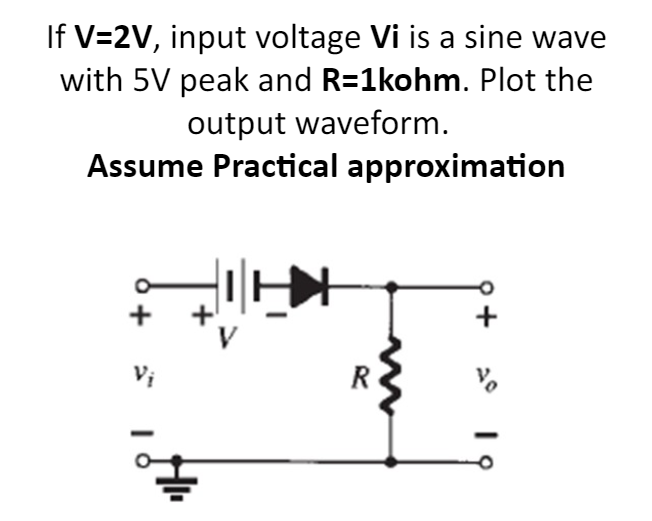 If V=2V, input voltage Vi is a sine wave
with 5V peak and R=1kohm. Plot the
output waveform.
Assume Practical approximation
BIH
R
No