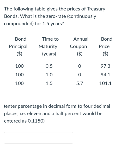 The following table gives the prices of Treasury
Bonds. What is the zero-rate (continuously
compounded)
for 1.5 years?
Bond
Principal
($)
100
100
100
Time to
Maturity
(years)
0.5
1.0
1.5
Annual
Coupon
($)
0
0
5.7
Bond
Price
($)
97.3
94.1
101.1
(enter percentage in decimal form to four decimal
places, i.e. eleven and a half percent would be
entered as 0.1150)